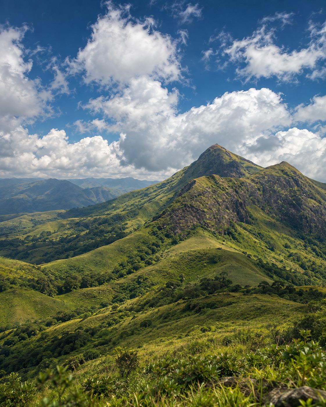 Anamudi's rock face rising into a bank of cloud